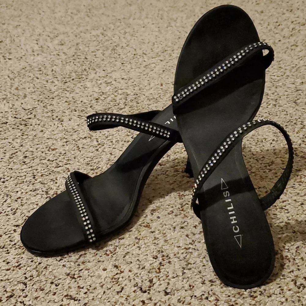 Chills Bling Black Strappy High Heel Shoes